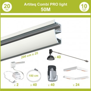 Pack complet 50 mètres cimaises murales Combi Pro Light + Armature 50 cm pour éclairage de tableaux