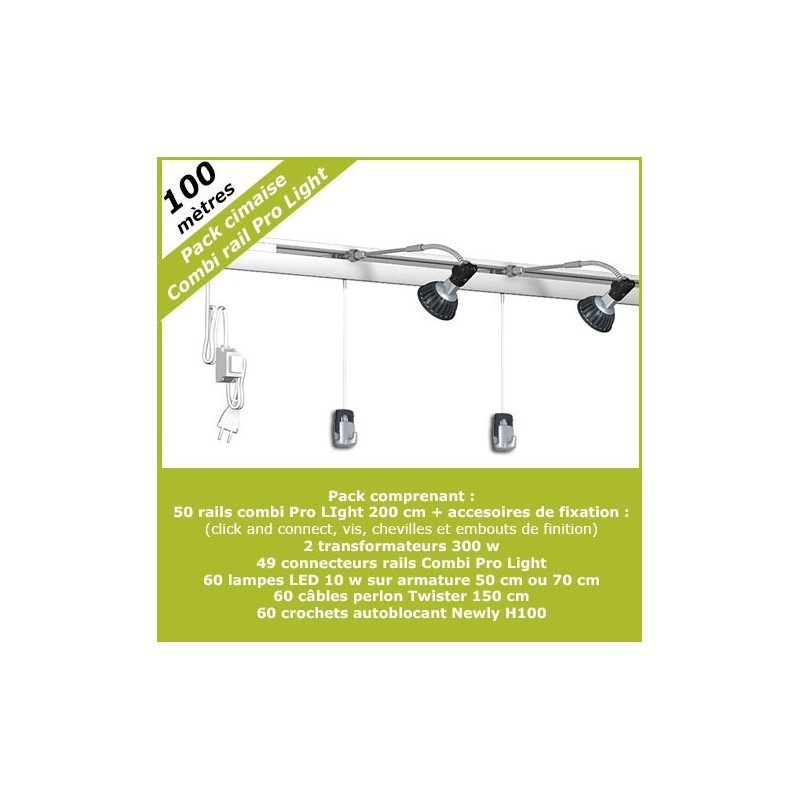 Pack complet 100 mètres cimaises murales Combi Pro Light + Armature 50 cm pour éclairage de tableaux Pack complet 100 mètres cimaises murales Combi Pro Light + Armature 50 cm pour éclairage de tableaux