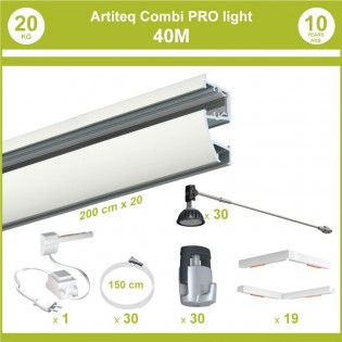 Pack complet 40 mètres cimaises murales Combi Pro Light + Armature 70 cm pour éclairage de tableaux