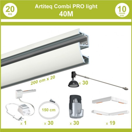 Pack complet 40 mètres cimaises murales Combi Pro Light + Armature 70 cm pour éclairage de tableaux