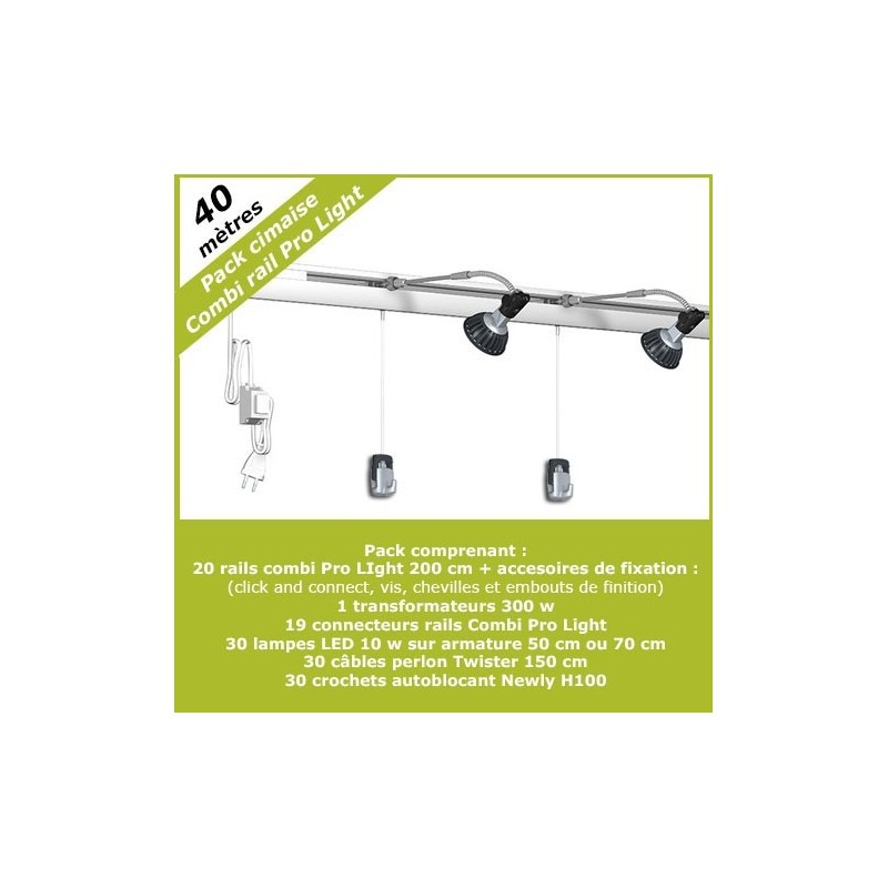 Pack complet 40 mètres cimaises murales Combi Pro Light + Armature 70 cm pour éclairage de tableaux Pack complet 40 mètres cimaises murales Combi Pro Light + Armature 70 cm pour éclairage de tableaux