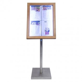 Porte menu 4 x A4 Classic LED en bois aspect Teck avec pied - Affichage menu hôtel restaurant