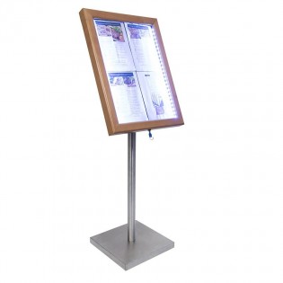 Porte menu 4 x A4 Classic LED en bois aspect Teck avec pied - Affichage menu hôtel restaurant