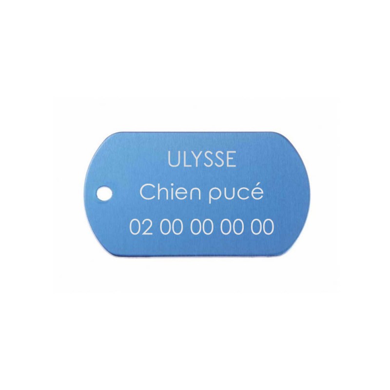 Blue military plate medal for dog cat personalized on 1 to 3 lines (50 mm x 30 mm) Blue military plate medal for dog cat personalized on 1 to 3 lines (50 mm x 30 mm)