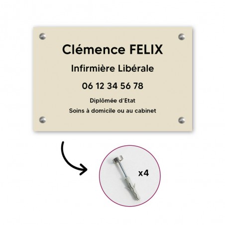 Plaque professionnelle personnalisée en PVC pour infirmière libérale - 1 à 5 lignes de texte - Format 30 x 20 cm