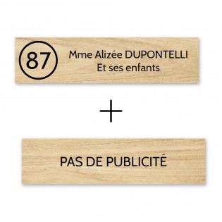 Plaque nom avec numéro + Plaque Stop Pub boite aux lettres format Decayeux (100x25mm) effet bois clair  2 lignes