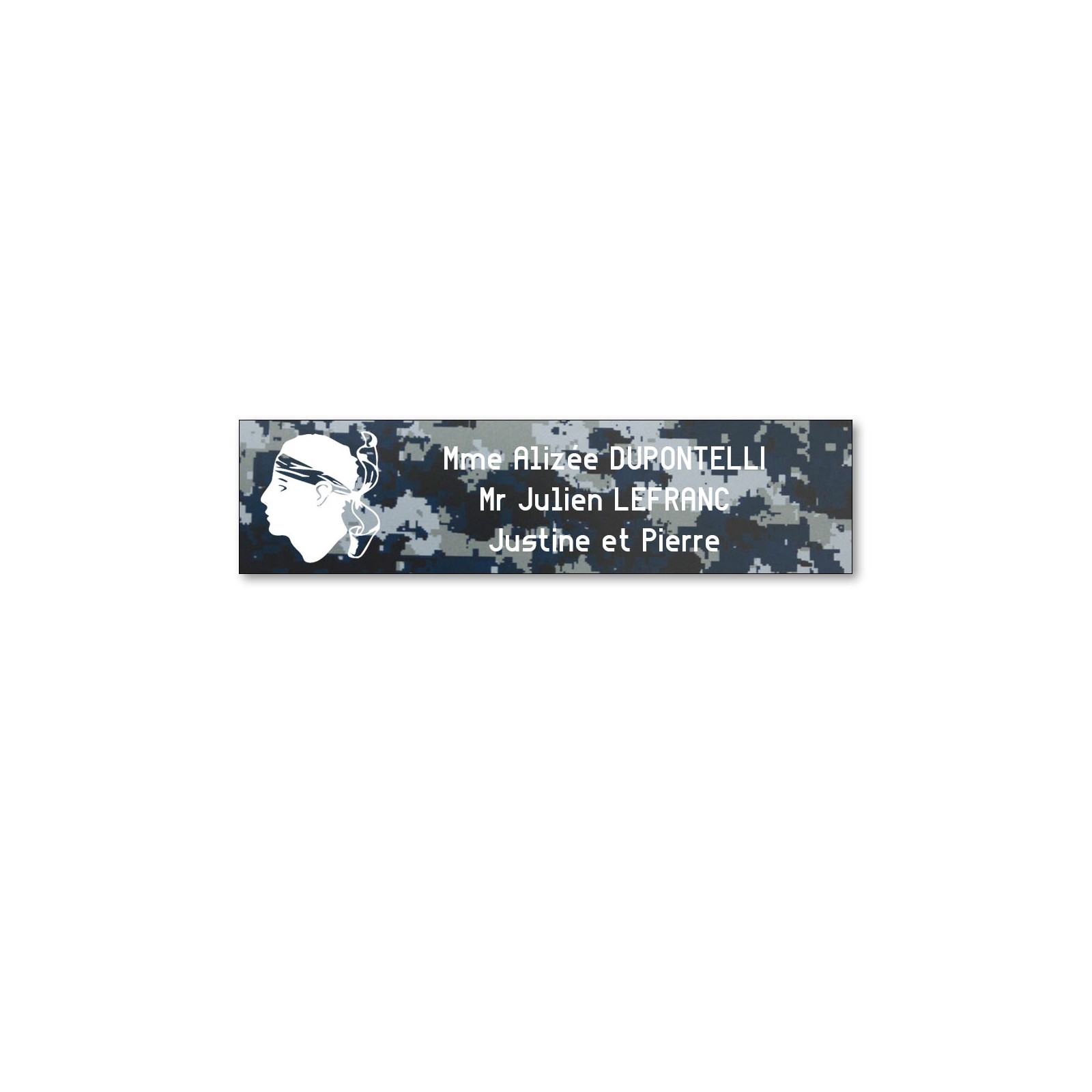 Plaque boite aux lettres format Decayeux CORSE (100x25mm) Camo Bleu lettres blanches - 3 lignes