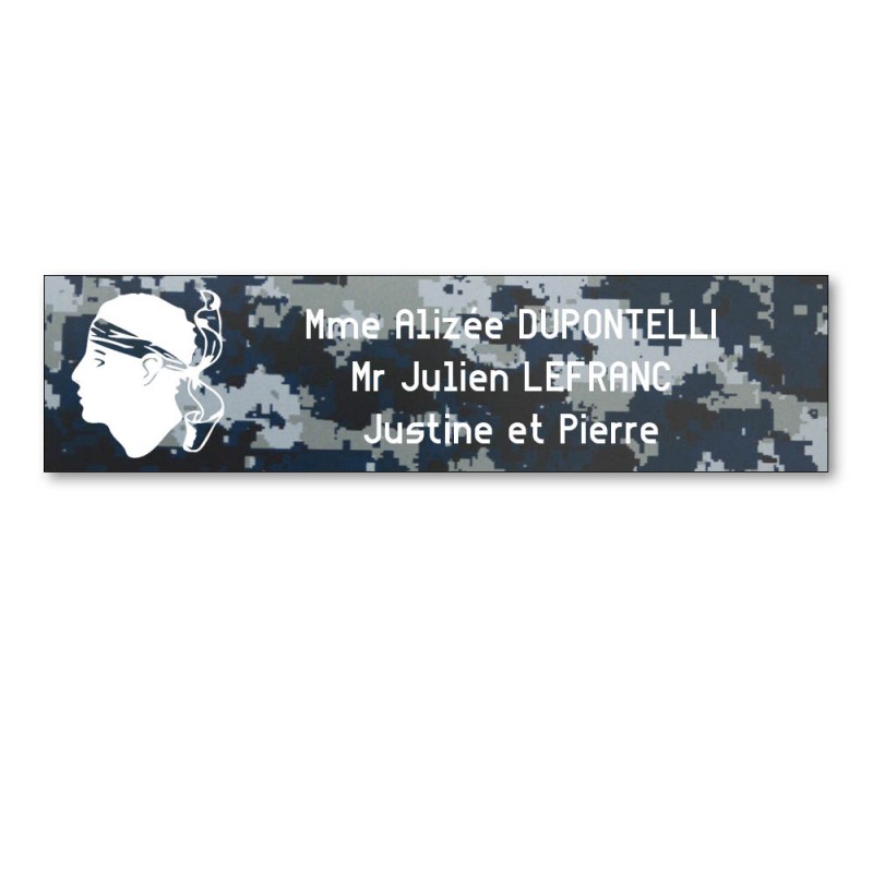 Plaque boite aux lettres format Decayeux CORSE (100x25mm) Camo Bleu lettres blanches - 3 lignes Plaque boite aux lettres format Decayeux CORSE (100x25mm) Camo Bleu lettres blanches - 3 lignes