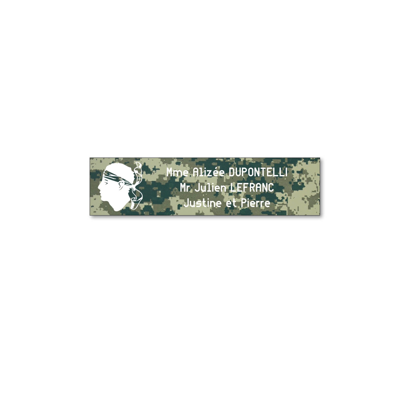 Plaque boite aux lettres format Decayeux CORSE (100x25mm) Camo Vert lettres blanches - 3 lignes