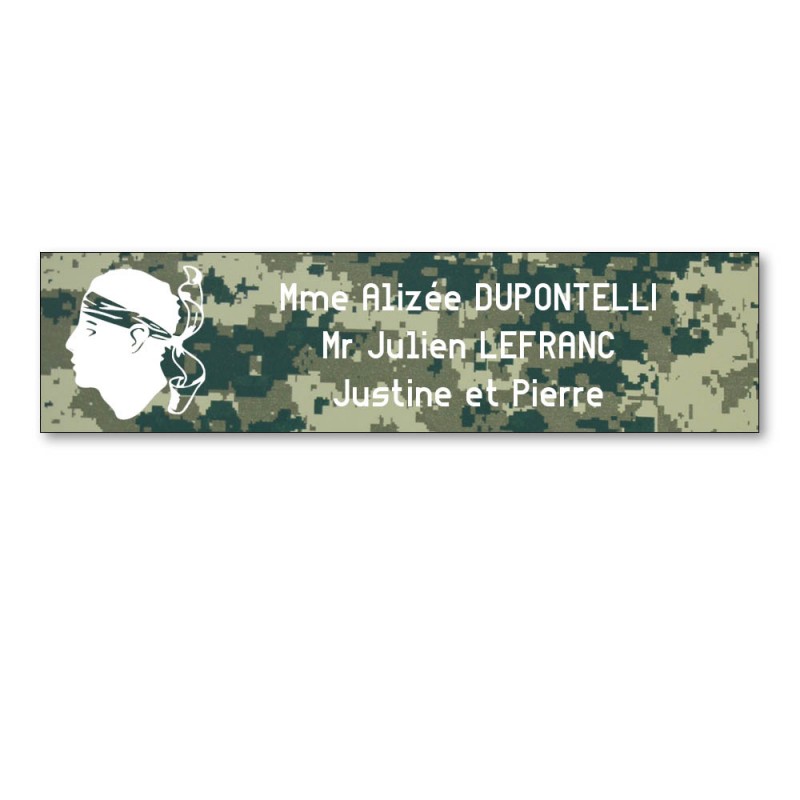 Plaque boite aux lettres format Decayeux CORSE (100x25mm) Camo Vert lettres blanches - 3 lignes Plaque boite aux lettres format Decayeux CORSE (100x25mm) Camo Vert lettres blanches - 3 lignes