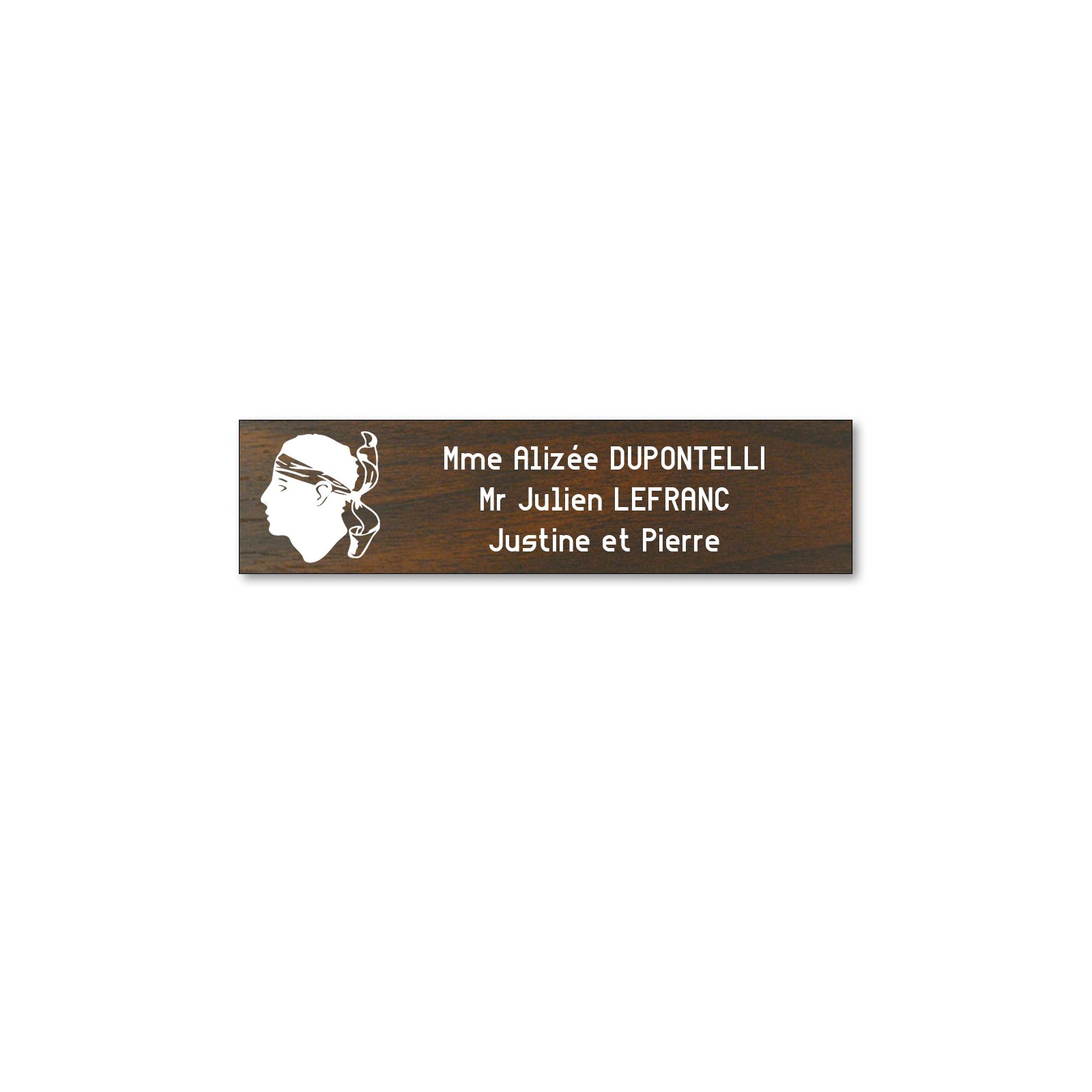 Plaque boite aux lettres format Decayeux CORSE (100x25mm) effet bois foncé lettres blanches - 3 lignes