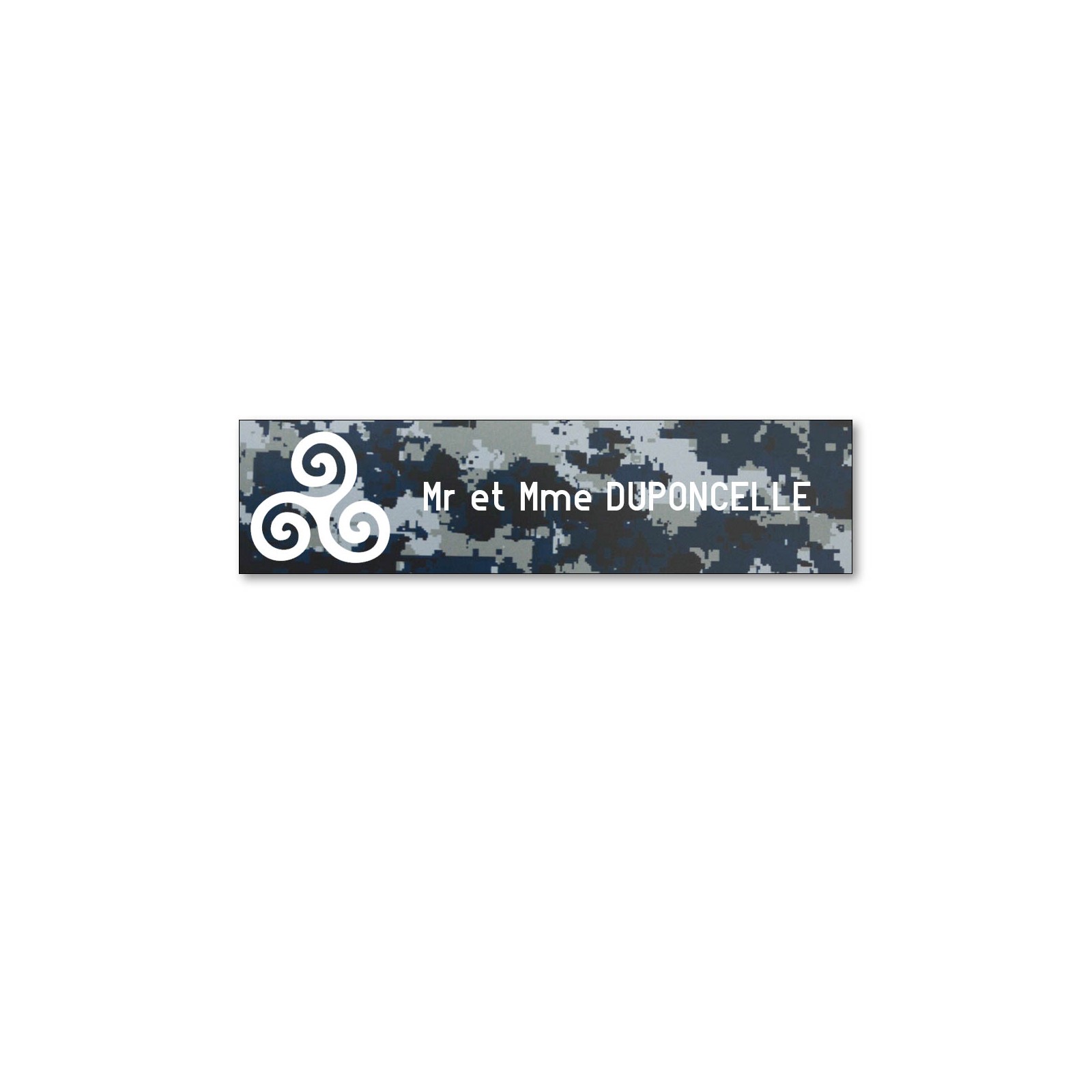 Plaque boite aux lettres format Decayeux TRISKELL (100x25mm) Camo Bleu lettres blanches - 1 ligne