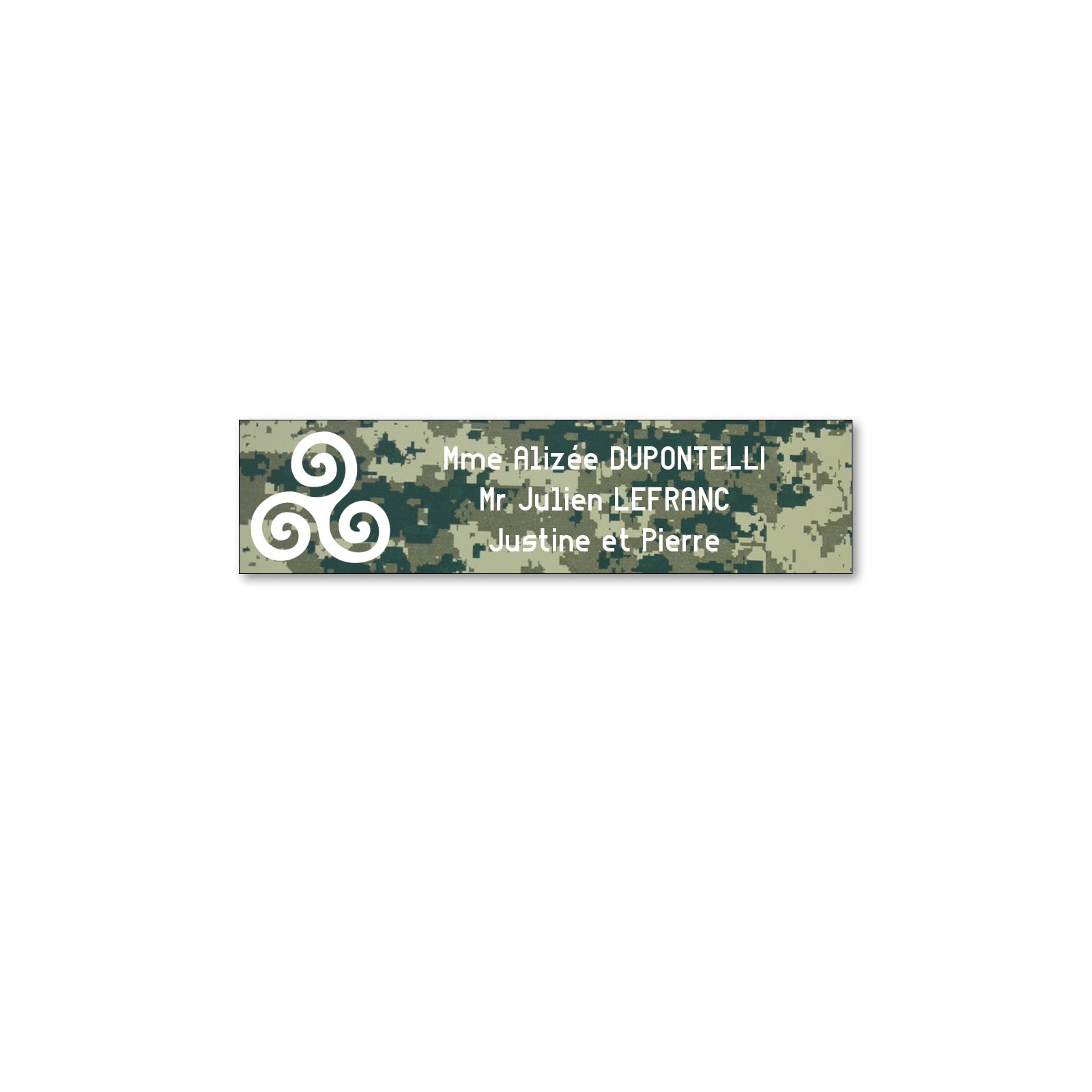 Plaque boite aux lettres format Decayeux TRISKELL (100x25mm) Camo Vert lettres blanches - 3 lignes