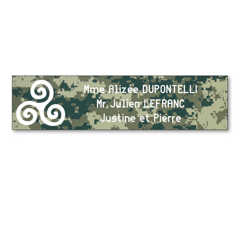 Plaque boite aux lettres format Decayeux TRISKELL (100x25mm) Camo Vert lettres blanches - 3 lignes Plaque boite aux lettres format Decayeux TRISKELL (100x25mm) Camo Vert lettres blanches - 3 lignes