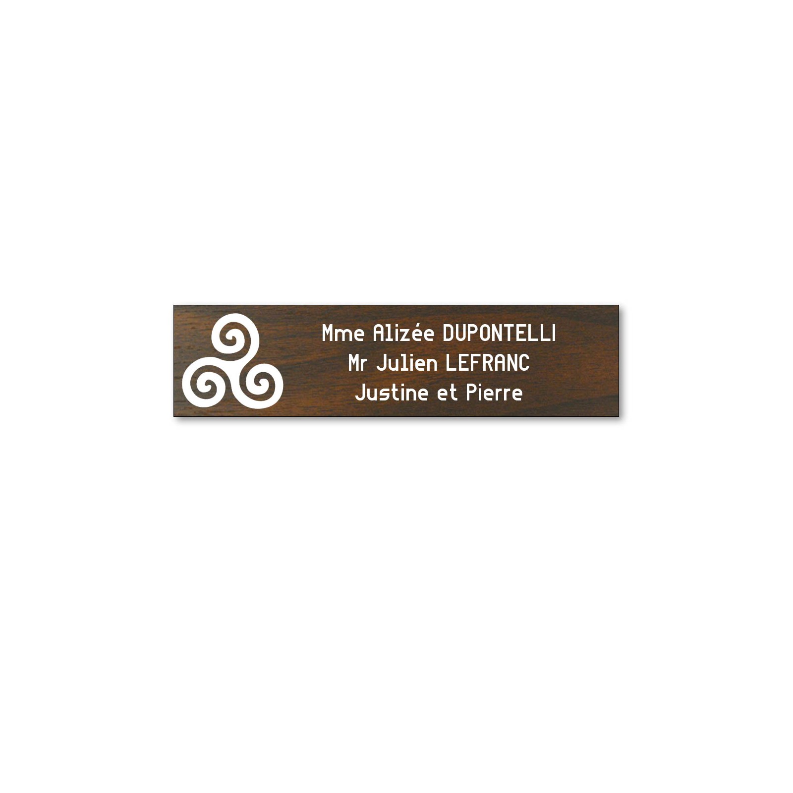 Plaque boite aux lettres format Decayeux TRISKELL (100x25mm) effet bois foncé lettres blanches - 3 lignes