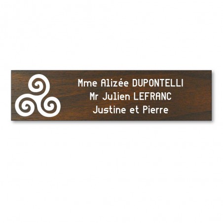 Plaque boite aux lettres format Decayeux TRISKELL (100x25mm) effet bois foncé lettres blanches - 3 lignes