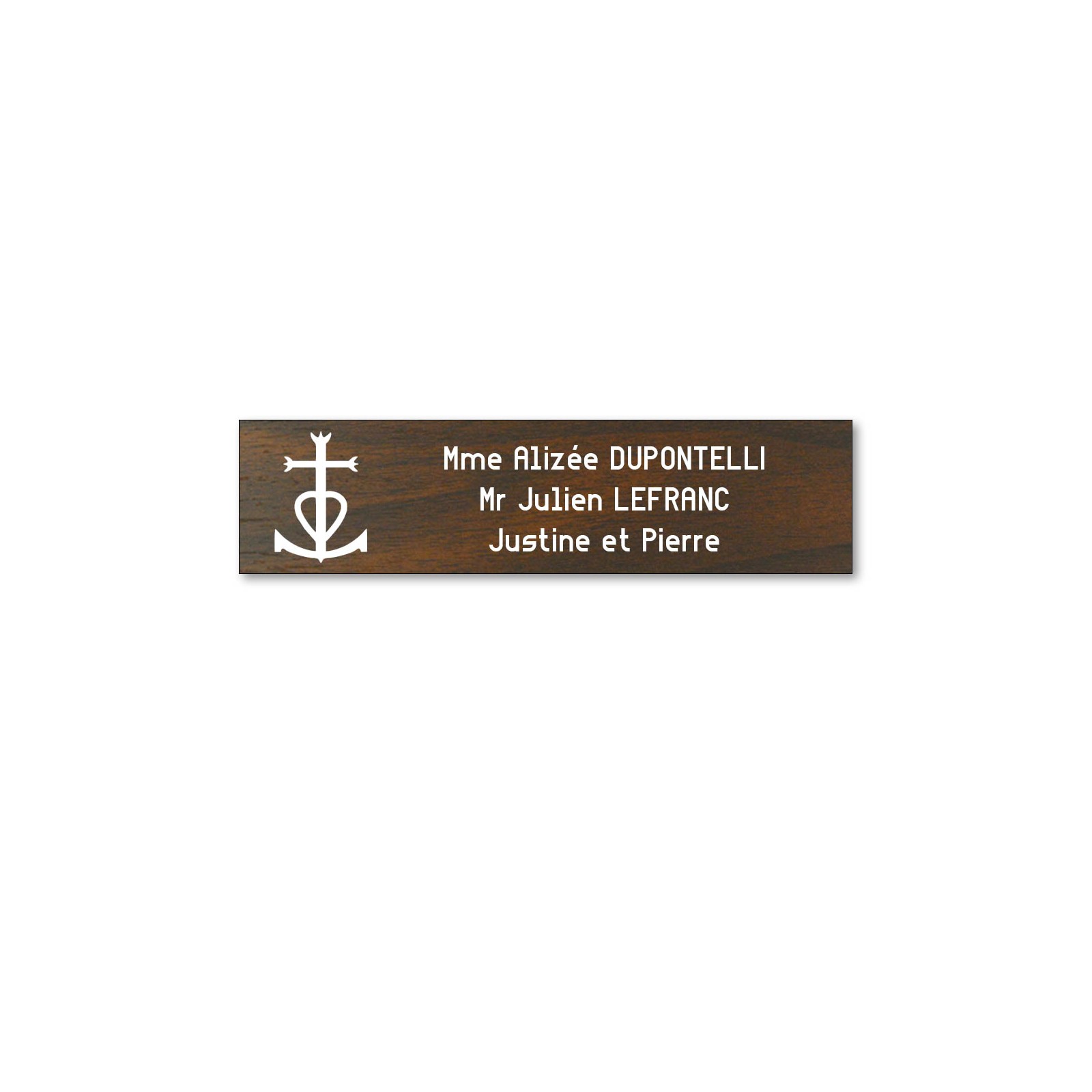 Plaque boite aux lettres format Decayeux CROIX CAMARGUAISE (100x25mm) effet bois foncé lettres blanches - 3 lignes