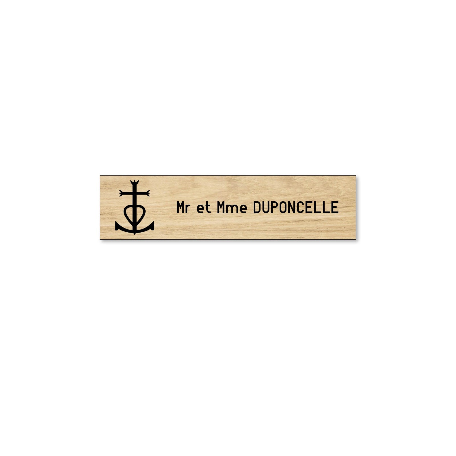 Plaque boite aux lettres format Decayeux CROIX CAMARGUAISE (100x25mm) effet bois clair lettres noires - 1 ligne