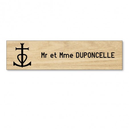 Plaque boite aux lettres format Decayeux CROIX CAMARGUAISE (100x25mm) effet bois clair lettres noires - 1 ligne