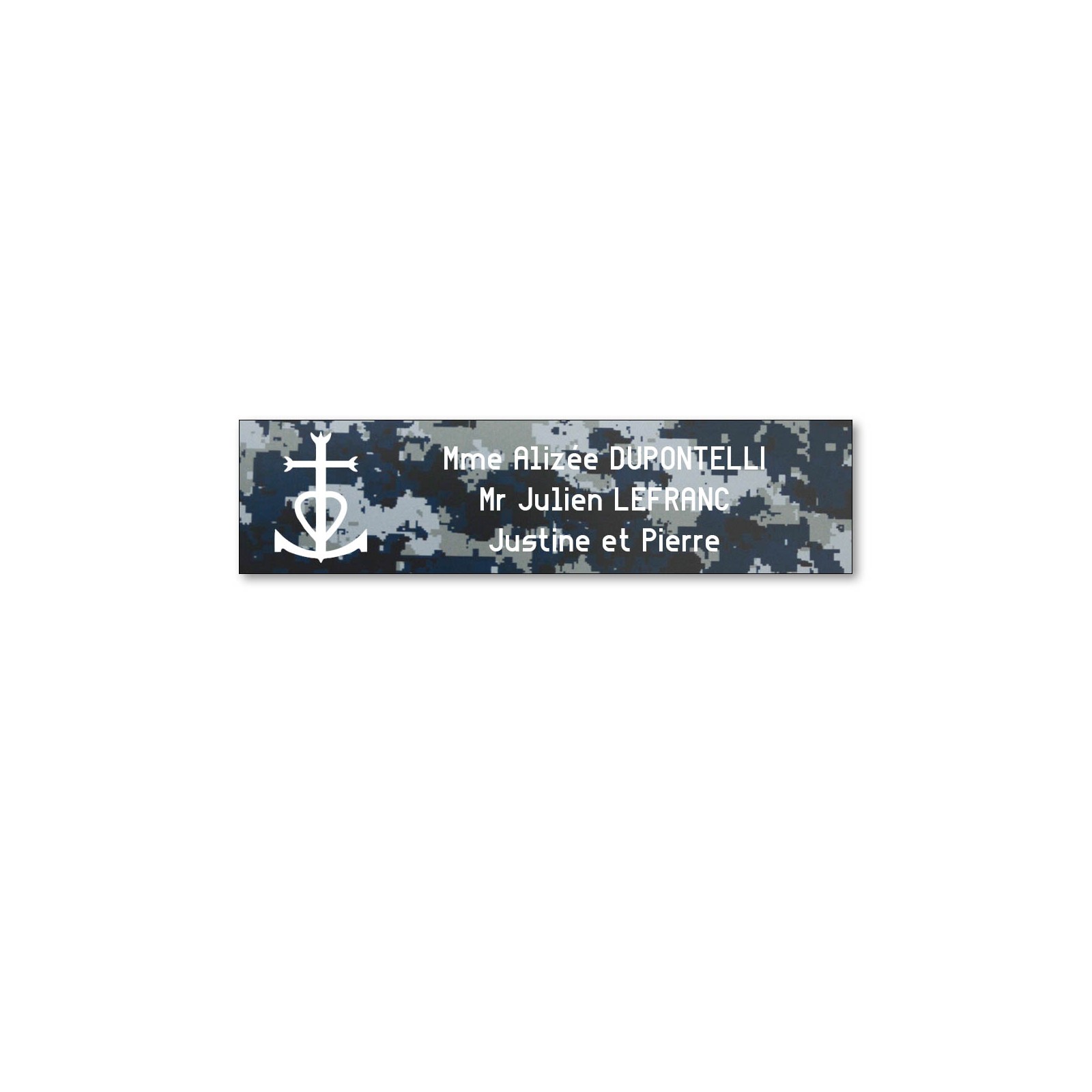 Plaque boite aux lettres format Decayeux CROIX CAMARGUAISE (100x25mm) Camo Bleu lettres blanches - 3 lignes