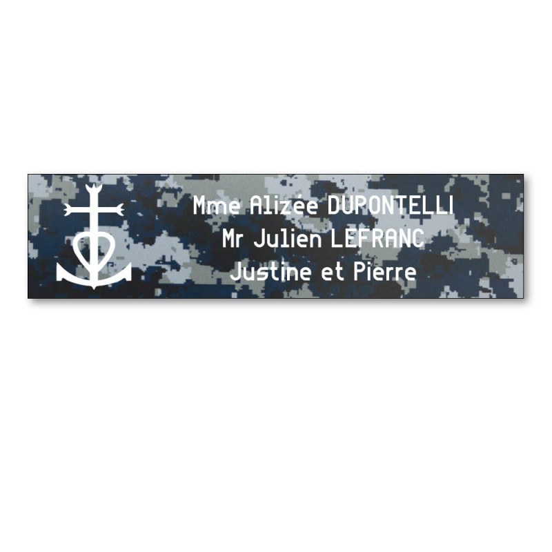 Plaque boite aux lettres format Decayeux CROIX CAMARGUAISE (100x25mm) Camo Bleu lettres blanches - 3 lignes Plaque boite aux lettres format Decayeux CROIX CAMARGUAISE (100x25mm) Camo Bleu lettres blanches - 3 lignes