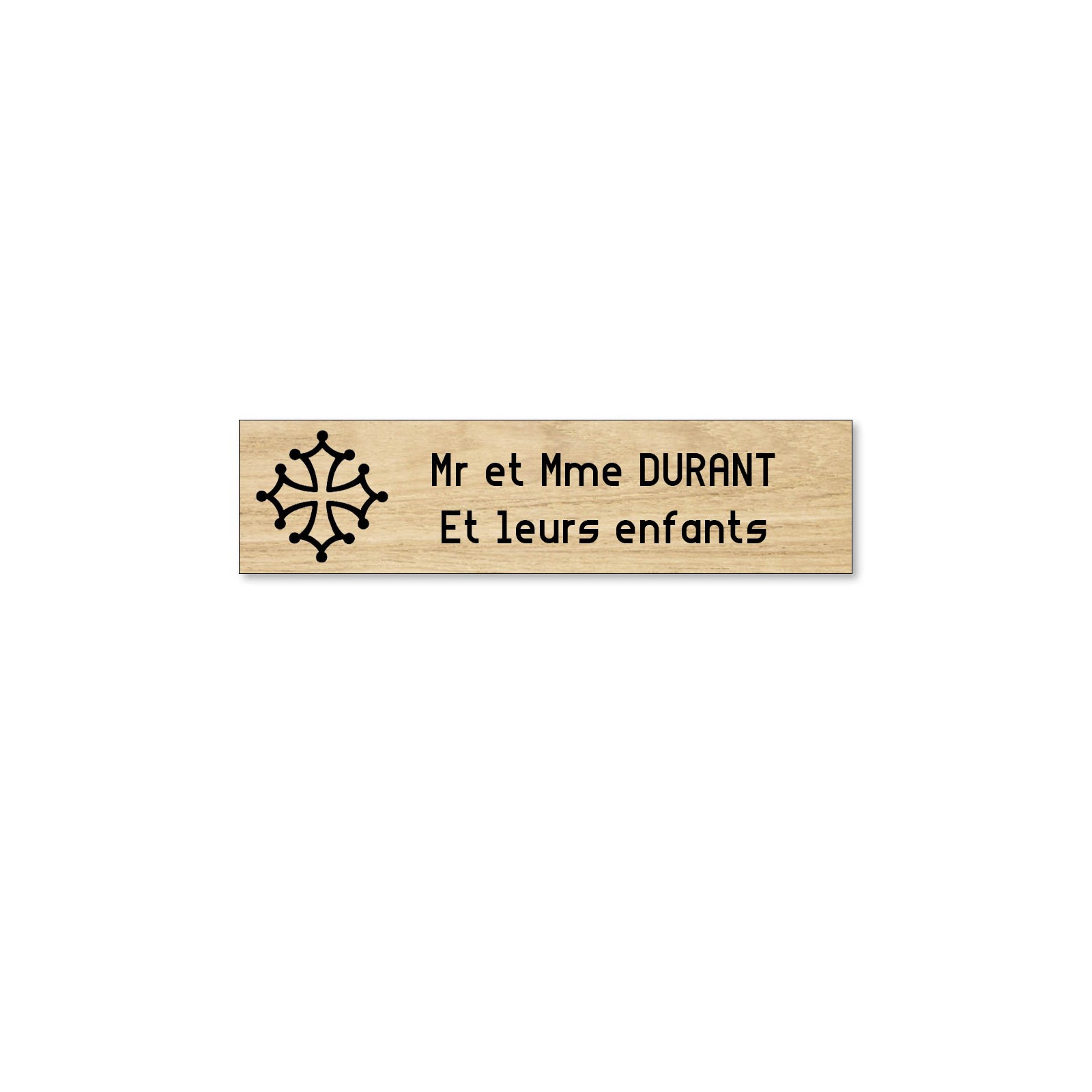 Plaque boite aux lettres format Decayeux CROIX OCCITANE (100x25mm) effet bois clair lettres noires - 2 lignes