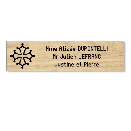 Plaque boite aux lettres format Decayeux CROIX OCCITANE (100x25mm) effet bois clair lettres noires - 3 lignes