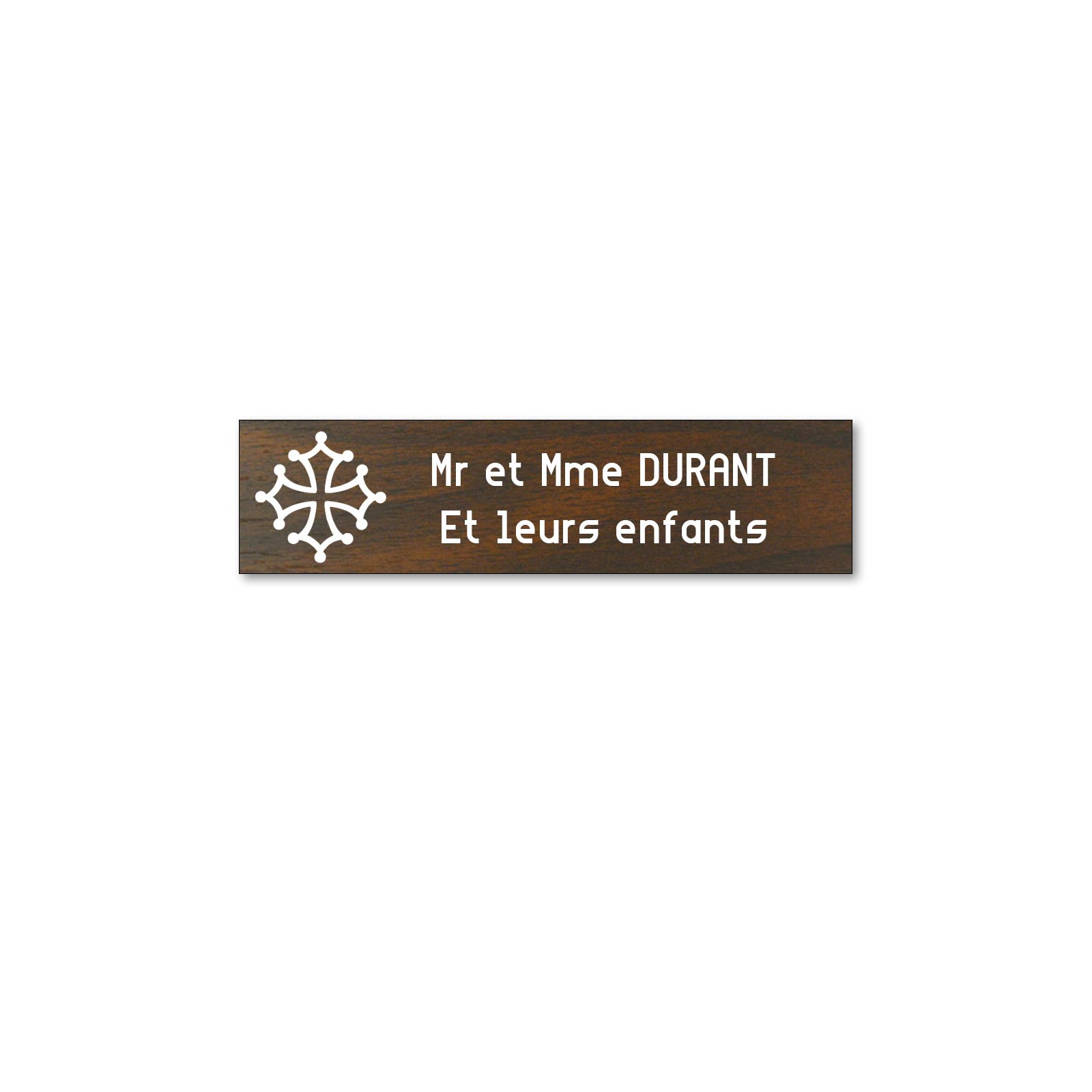 Plaque boite aux lettres format Decayeux CROIX OCCITANE (100x25mm) effet bois foncé lettres blanches - 2 lignes