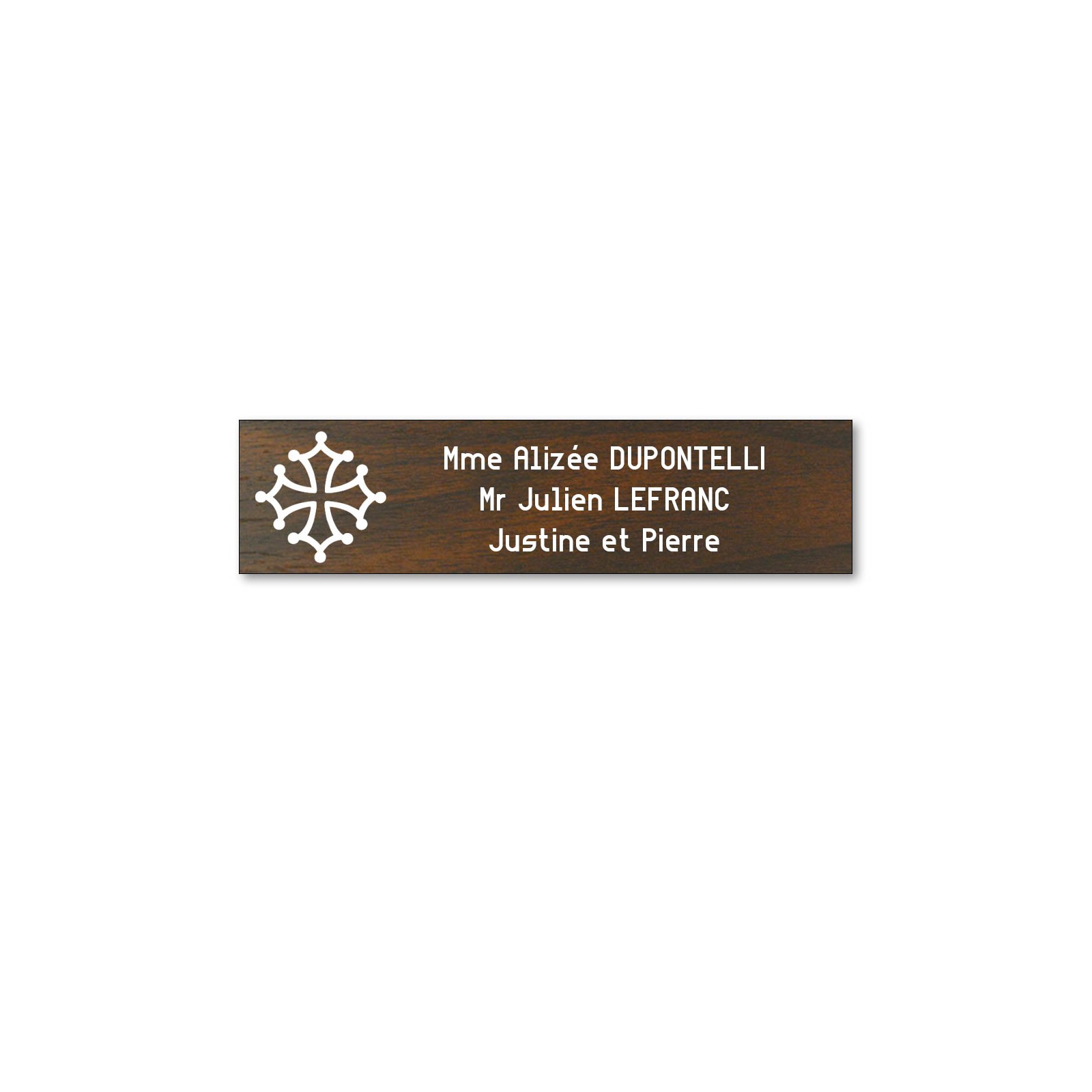 Plaque boite aux lettres format Decayeux CROIX OCCITANE (100x25mm) effet bois foncé lettres blanches - 3 lignes