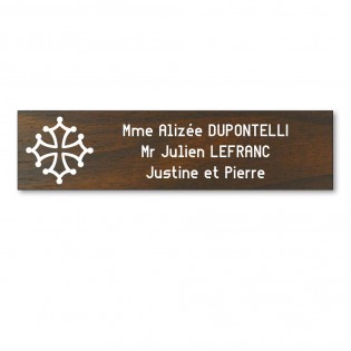 Plaque boite aux lettres format Decayeux CROIX OCCITANE (100x25mm) effet bois foncé lettres blanches - 3 lignes