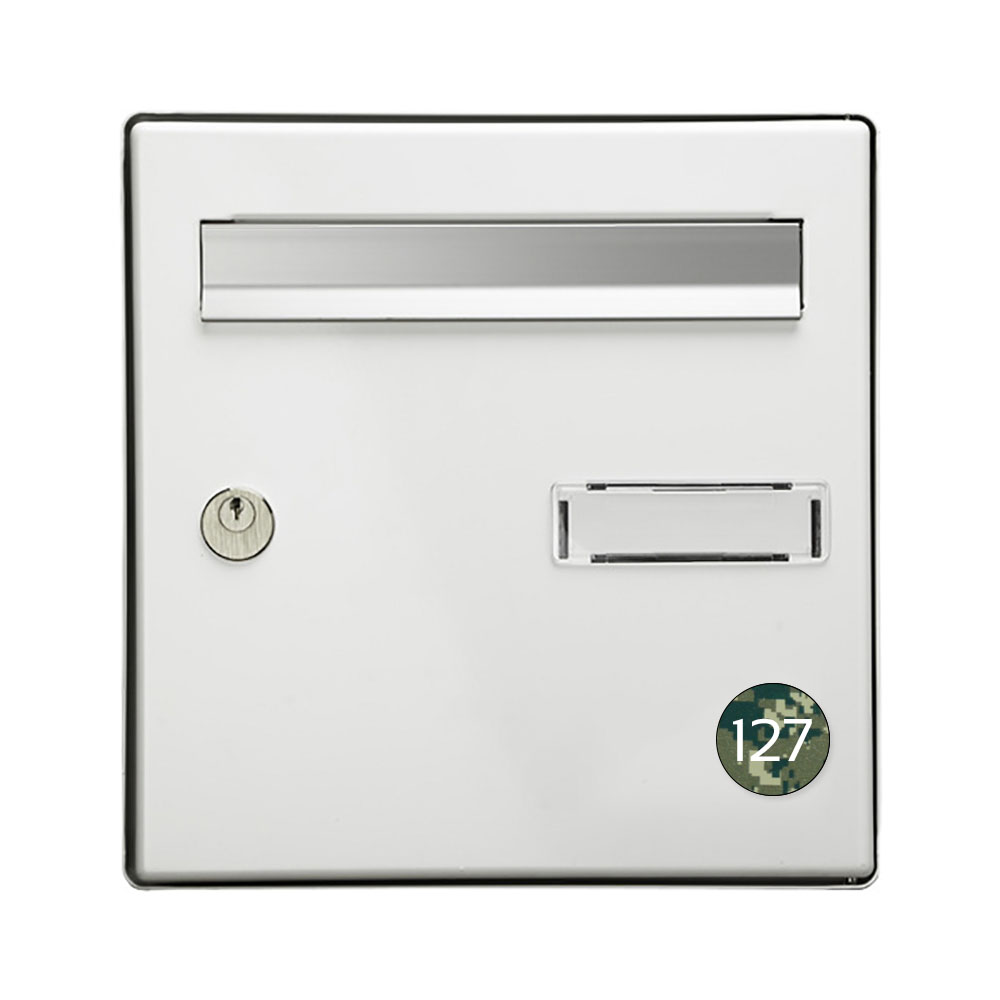 Numéro pour boite aux lettres personnalisable format rond diamètre 40 mm couleur Camo Vert chiffres blancs
