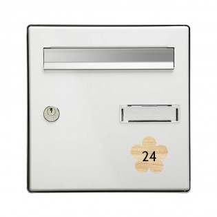 Numéro fantaisie personnalisable pour boite aux lettres couleur effet bois clair chiffres blancs - Modèle Fleur