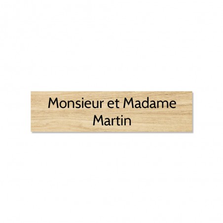 Plaque adhésive interphone ou sonnette 60 mm x 15 mm gravure personnalisée sur 2 lignes couleur effet bois clair