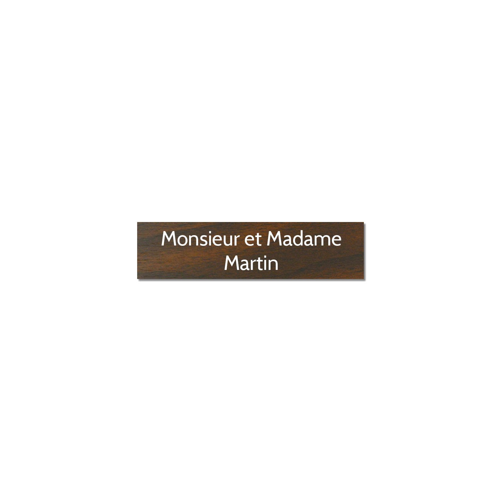 Plaque adhésive interphone ou sonnette 60 mm x 15 mm gravure personnalisée sur 2 lignes couleur effet bois foncé lettres blanche