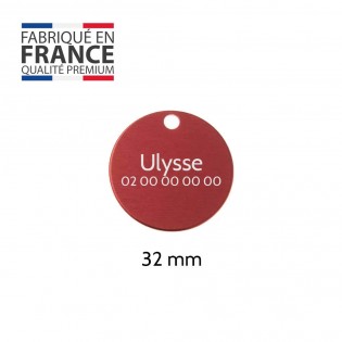Large round red medal for dogs and cats with personalized engraving 1 to 2 lines - Diameter 32 mm