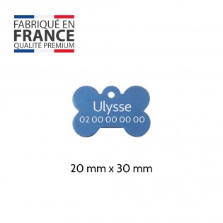 Blue bone-shaped dog tag to personalize on 1 to 2 lines - Small format 20x30 mm