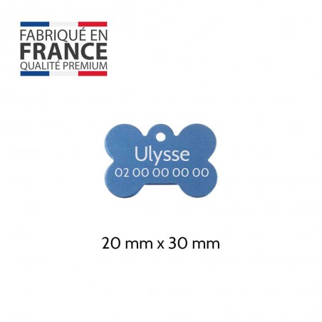 Blue bone-shaped dog tag to personalize on 1 to 2 lines - Small format 20x30 mm