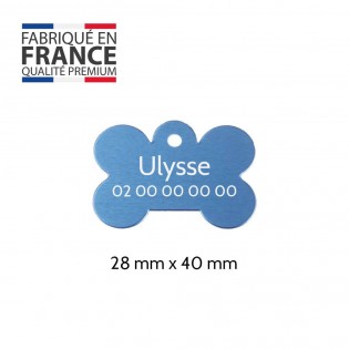 Blue bone-shaped dog tag with personalized engraving 1 to 2 lines - Large format 28x40 mm