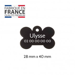 Black bone-shaped dog tag with personalized engraving 1 to 2 lines - Large format 28x40 mm