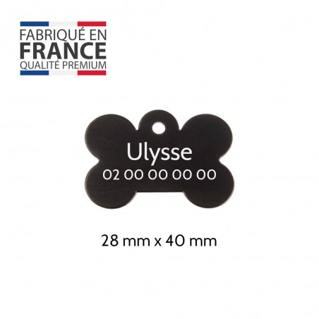 Black bone-shaped dog tag with personalized engraving 1 to 2 lines - Large format 28x40 mm