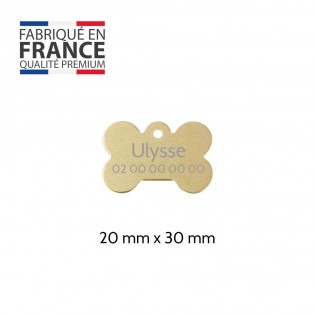 Médaille Or en forme d'os pour chien à personnaliser sur 1 à 2 lignes - Petit format 20x30 mm