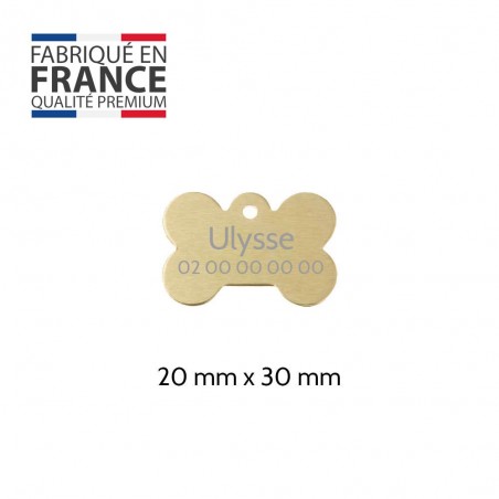 Médaille Or en forme d'os pour chien à personnaliser sur 1 à 2 lignes - Petit format 20x30 mm
