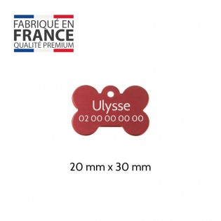 Red bone-shaped dog tag to personalize on 1 to 2 lines - Small format 20x30 mm