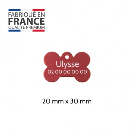 Red bone-shaped dog tag to personalize on 1 to 2 lines - Small format 20x30 mm