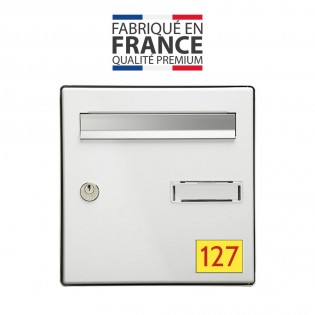 Numéro pour boite aux lettres personnalisable rectangle format médium (70x50mm) jaune chiffres rouges