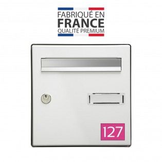 Numéro pour boite aux lettres personnalisable rectangle format médium (70x50mm) rose chiffres blanc
