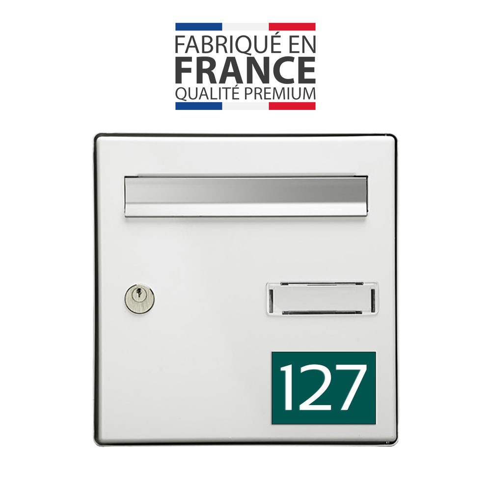 Numéro pour boite aux lettres personnalisable rectangle grand format (100x70mm) vert foncé chiffres blancs