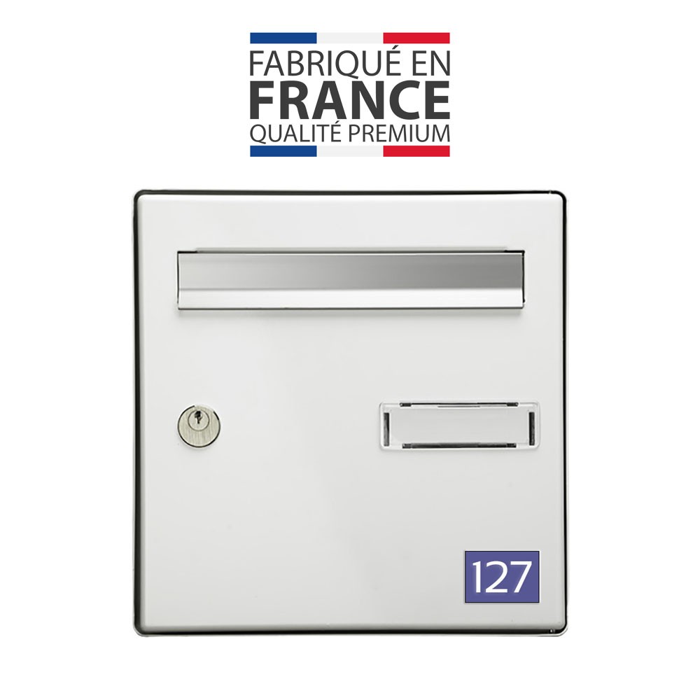 Numéro pour boite aux lettres personnalisable rectangle petit format (50x35mm) violet chiffres blancs
