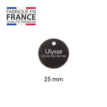 Petite médaille ronde Noire pour chien et chat à personnaliser sur 1 à 2 lignes - Diamètre 25 mm