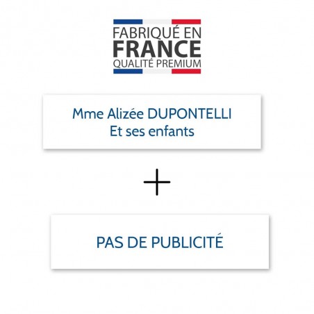 Plaque nom + Plaque Stop Pub pour boite aux lettres format Decayeux (100x25mm) blanche lettres bleues - 2 lignes